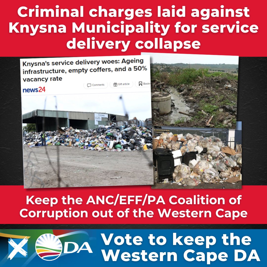 🚨BREAKING: DA-run Western Cape Government lays criminal charges against Knysna Municipality for service delivery collapse.

Read more: wc.da.org.za/2024/04/crimin…
