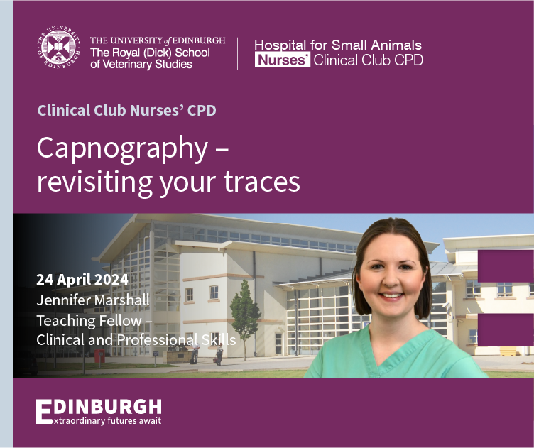 Booking is now open for our next *FREE* #RVN #CPD event on 24 April. Join Jennifer Marshall, a Clinical and Professional Skills Teaching Fellow in our Hospital for Small Animals, when she presents ‘Capnography - revisiting your traces.’ Book here: bit.ly/3JgrcGV