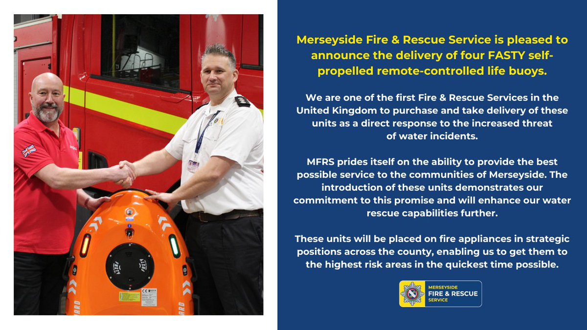 #MFRS is pleased to announce the delivery of four FASTY self-propelled remote-controlled life buoys. We are one of the first Fire & Rescue Services in the United Kingdom to purchase and take delivery of these units as a direct response to the increased threat of water incidents.