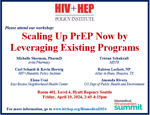 Learn how health centers, clinics, pharmacies, & health depts can increase #PrEP by leveraging existing programs & #insurance. Join @HIVHep @AIHHou @avitapharmacy @CDPHE @EBNHC @heymistr_ on 4/19 in Seattle: hivhep.org/Biomedical2024