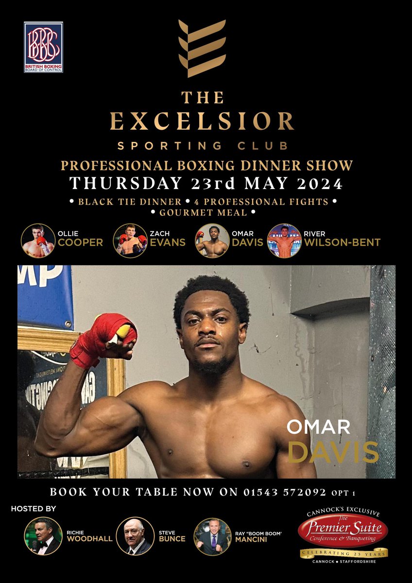 Birmingham’s new Light Heavyweight Prospect Omar Davis makes his pro debut at the next Excelsior Sporting Club Dinner Show on 23rd May The powerhouse Davis is trained & managed by the Midlands No.1 Coach @jonpegg74 who expects Omar to become a Midlands Area Champion by next year.