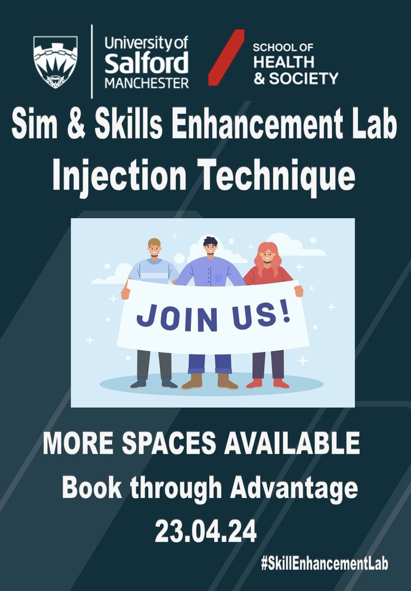 Due to Popular Demand - MORE spaces have been made available for the Injection Technique #SkillEnhancementLab Book on NOW via Advantage @SimandSkillsUoS @UoS_HealthSoc @UoS_Students @UoS_CYPNursing @UoS_MHNurs @UoSadultnursing @David_Garbutt @hdoogan @academicem74