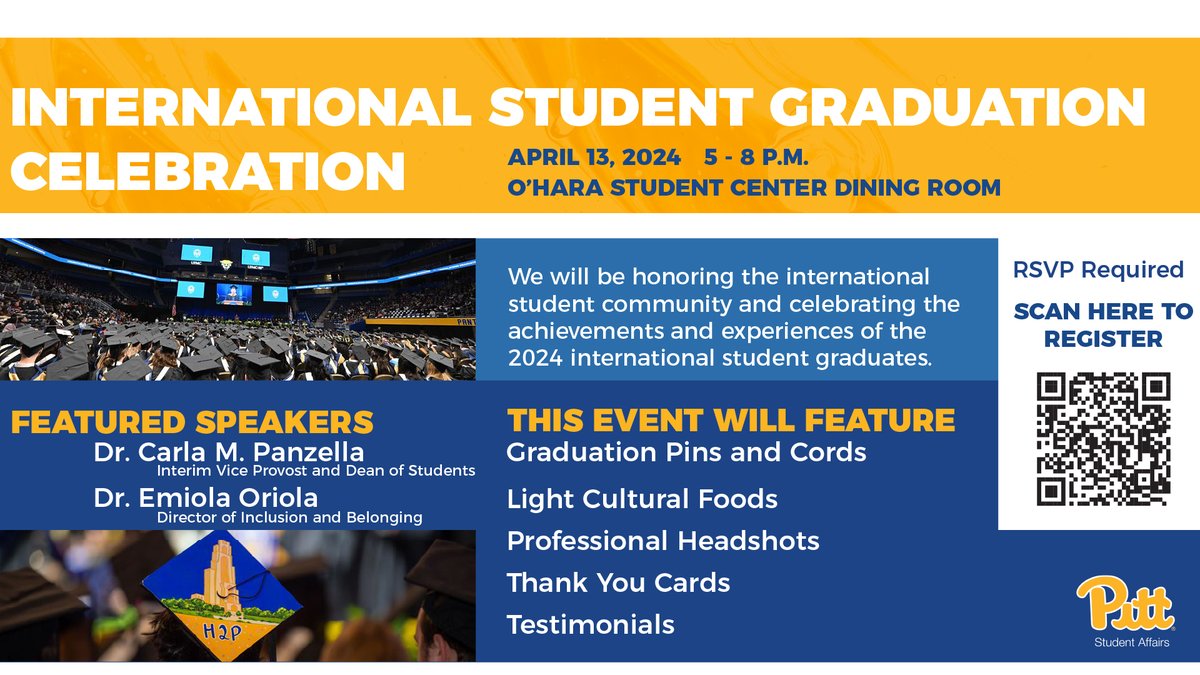 The International Student Graduation Celebration is happening this Saturday, April 13! Join us in celebrating the achievements of the 2024 international student graduates. Register here: bit.ly/3vEW28T #PittNow