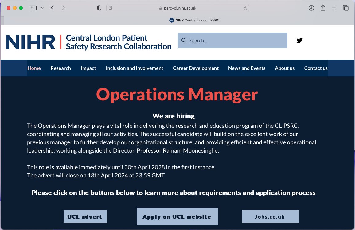 ‼️WE ARE HIRING - OPERATIONS MANAGER ‼️ More on our website 👉 psrc-cl.nihr.ac.uk Apply here tinyurl.com/3w42nbef AND HURRY HURRY ⏰ Application close 18th April 2024