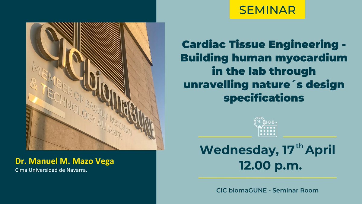 #CICbiomaGUNEseminars 👨‍🏫 Dr. Manuel M. Mazo Vega 🗓️ April 17, 2024 ✅ #Cardiac #Tissue #Engineering - Building human #myocardium in the lab through unravelling nature´s design specifications @CIMA_unav #science #ciencia #research #investigacion #seminar #seminario #donostia