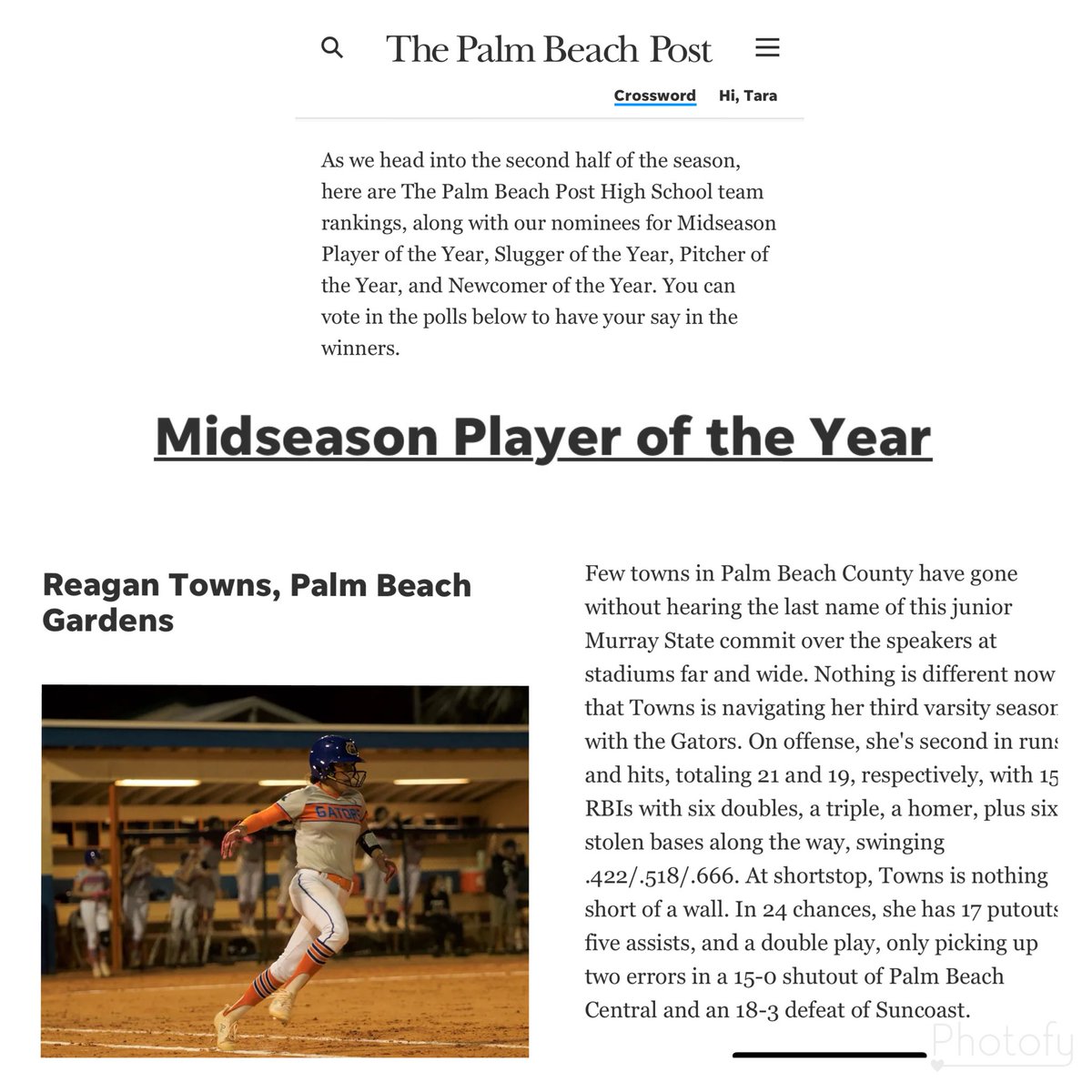 Thank you to @pbpsports and @emilee_smarr for recognizing me as a possible midseason POY. I play along side many great players on @PBGHS_Softball who r also balling out. Love this team 🧡💙@RacersSoftball @WildfirePaulson