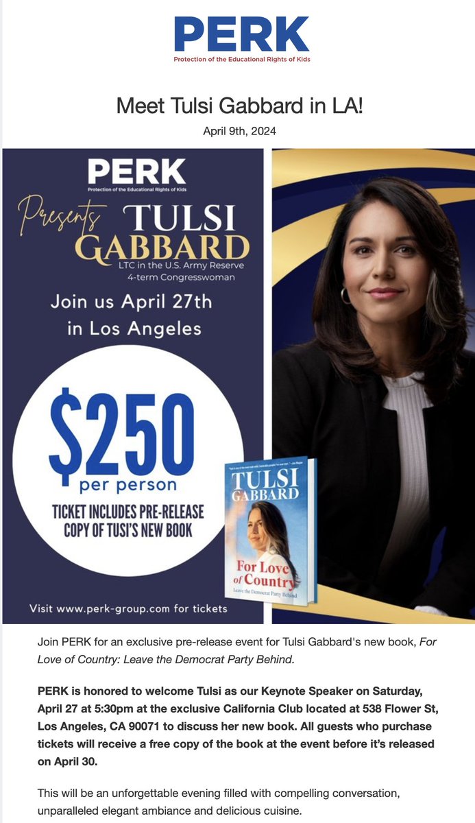 PERK_GROUP's tweet photo. This is going to be an unforgetable evening with Tulsi Gabbard at the exclusive California Club in Los Angeles. Purchase tickets today before they run out! https://t.co/HXJRbObNvj #PerkTulsiEvent #California #LosAngeles #TulsiGabbard https://t.co/WYZimj2zde