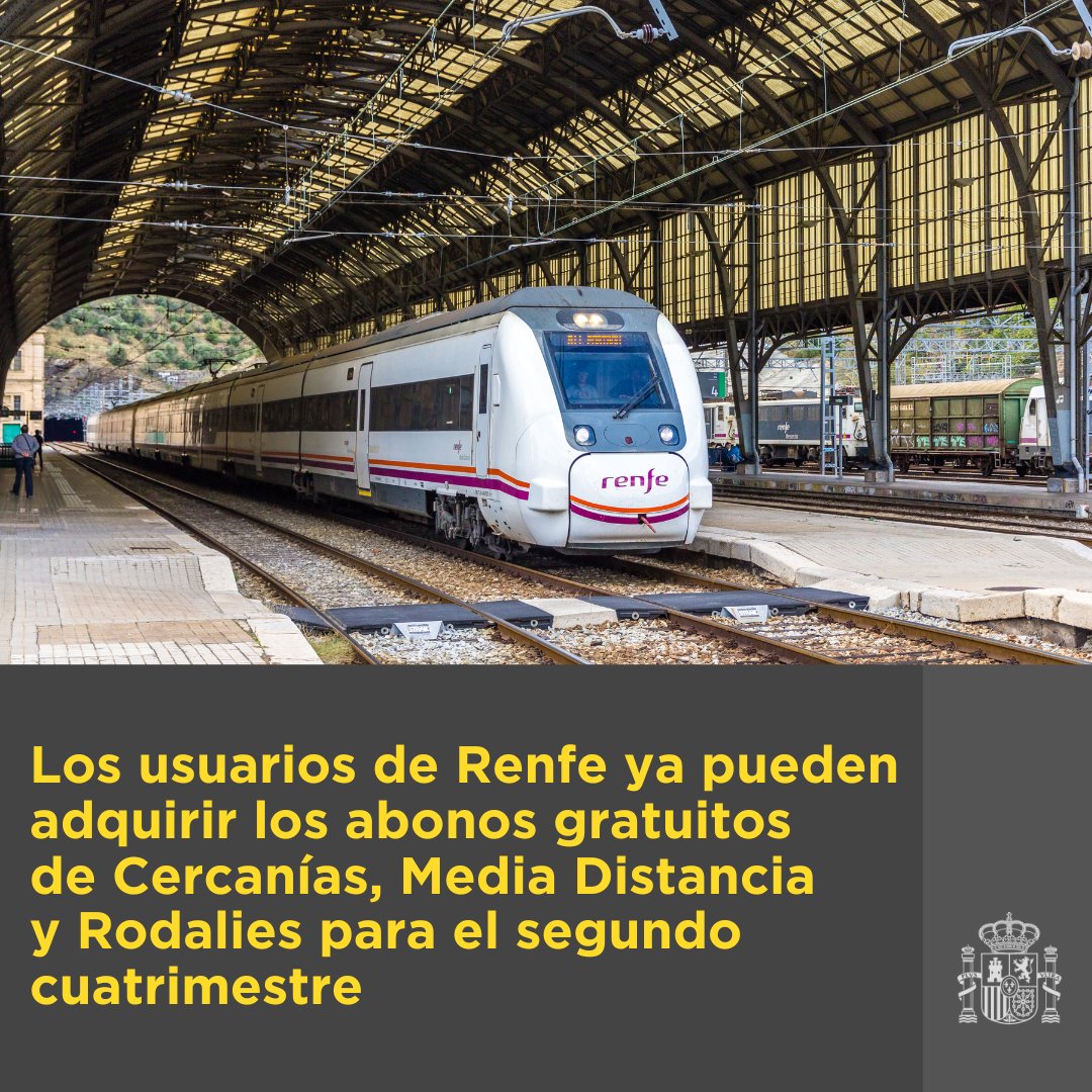 Ya puedes obtener los abonos gratuitos de @Renfe Cercanías, Rodalies, servicios de Proximidad y Media Distancia para viajar hasta el próximo 31 de agosto. 🚉¿Dónde se adquieren? 🚈¿Cuándo te devuelven la fianza? Consulta todos los detalles aquí: lamoncloa.gob.es/serviciosdepre…