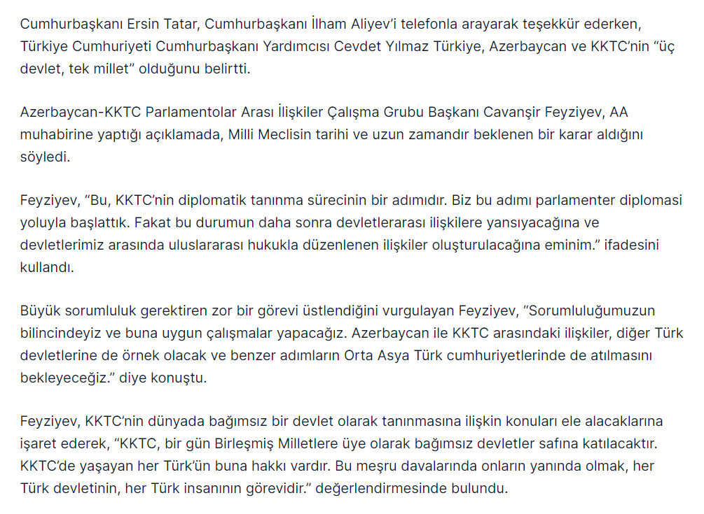 Azerbaycan’da KKTC Çalışma Grubu’nun kurulması, KKTC’nin tanınma sürecinin adımı olarak görülüyor. Azerbaycan-KKTC Parlamentolar Arası İlişkiler Çalışma Grubu Başkanı Cavanşir Feyziyev: “Kimse Kıbrıs’taki Türk varlığını görmezden gelemez”