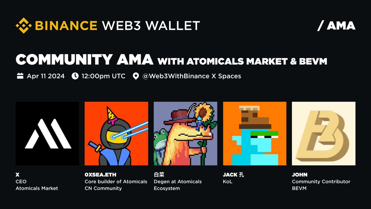 Introducing our next AMA! This week we're joined by @atomicalsmarket and @BTClayer2 in discussing their strategic plans designed to reinforce the #BTC ecosystem. 📅 April 11 ⏰ 12pm UTC 📍 @Web3WithBinance 𝕏 Spaces See you there! 🫡