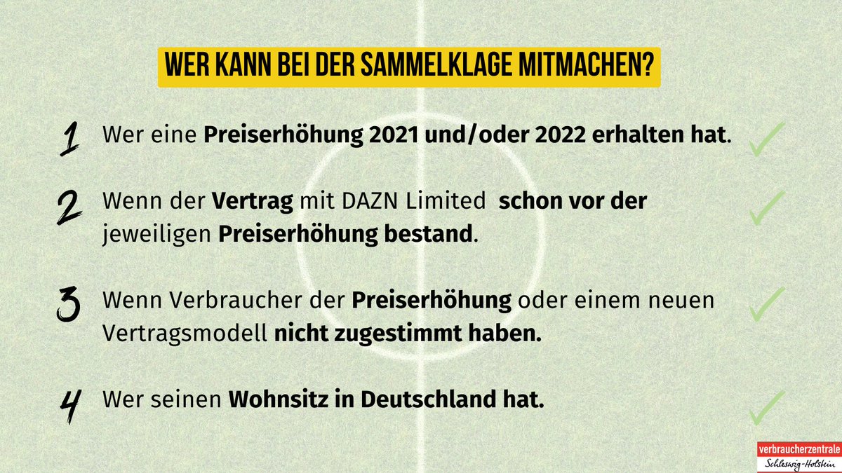 @vzbv klagt gegen #DAZN! 🚨 Der Anbieter erhöhte seine Preise 2021 und 2022 in laufenden Verträgen ohne Zustimmung der Kunden. Wer sich der Sammelklage anschließt, kann ggf. Rückzahlungen erhalten. Das ist bald möglich und kostenlos. News-Alert: sammelklagen.de/dazn