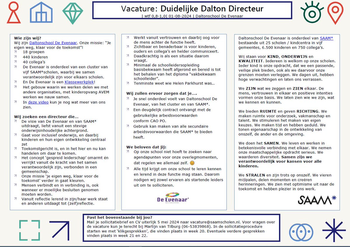 ⭐ De Evenaar zoekt een Duidelijke Dalton Directeur ⭐ Heb jij een stevige onderwijsinhoudelijke achtergrond en ga je voor inclusief onderwijs waarbij de kinderen en hun eigen ontwikkeling centraal staan? Check dan snel deze vacature! 👇 buff.ly/4aJ8dkx #Vacature