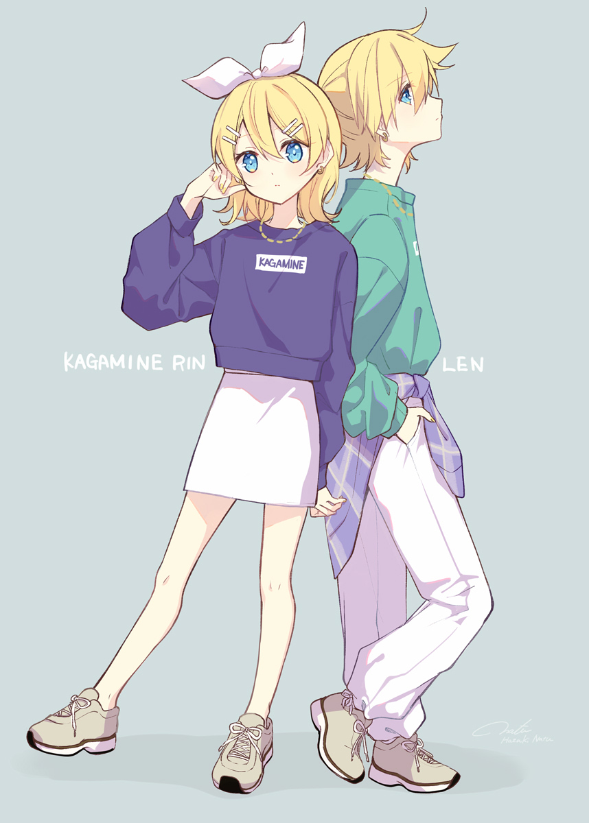 kagamine len ,kagamine rin 1girl looking at viewer short hair blue eyes simple background shirt skirt  illustration images