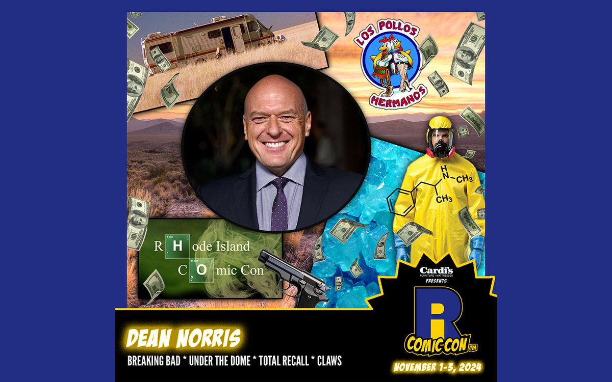 Please welcome @deanjnorris to #RICC2024. He is best known for playing DEA agent Hank Schrader in #BreakingBad and its spin-off Better Call Saul. He also portrayed James 'Big Jim' Rennie in Under the Dome and played Clay 'Uncle Daddy' Husser in Claws. Buy tickets now!