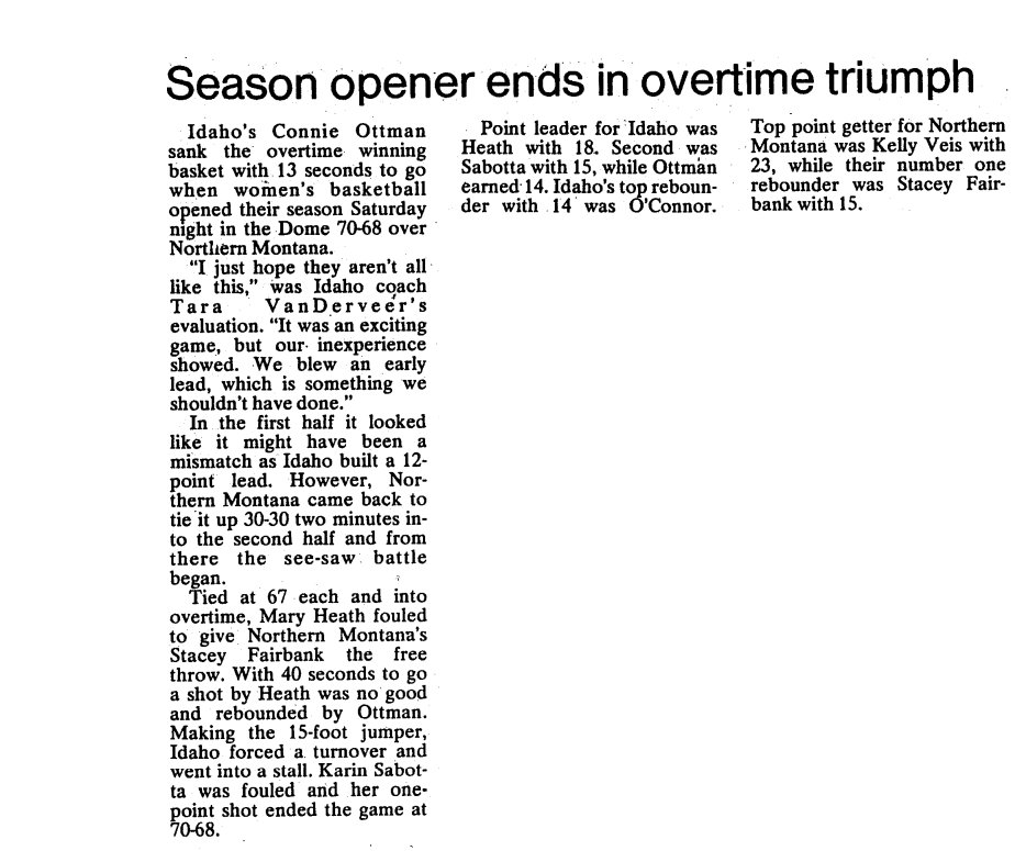 With Tara VanDerveer retiring yesterday, here's an article from @uiargonaut written after her first game at Idaho