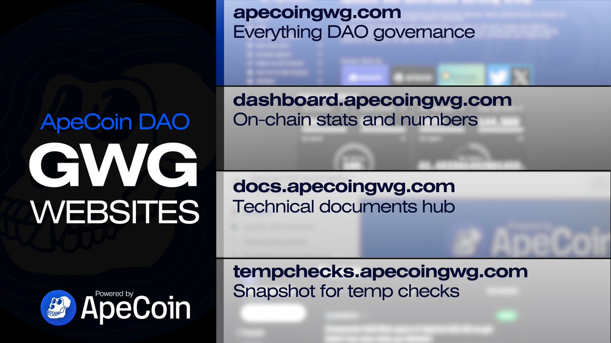 DAO Governance doesn’t have to be complicated. 😉 Check out these websites for quick and easy access to what's going on in the DAO: 🌐apecoingwg.com 🌐dashboard.apecoingwg.com 🌐docs.apecoingwg.com 🌐tempchecks.apecoingwg.com Stay posted & follow @apecoinGWG for more…