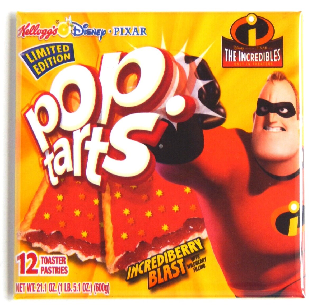 Incrediberry Blast Pop-Tarts (2004-2005): A promotional item for 'The Incredibles', these Pop-Tarts featured a standard crust, 'wildberry' filling, red icing, and red & yellow star-shaped sprinkles