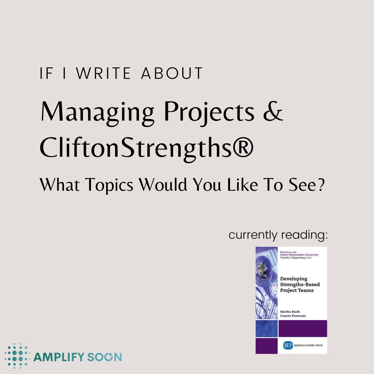 ✏️ I want to write what you want to read

✏️ I've been reading 'Developing Strengths-Based Project Teams' 

❓ It got me thinking, would you like to see more post about how CliftonStrengths® can impact project management? 

✏️ Let me know in the comments 

About me 👇