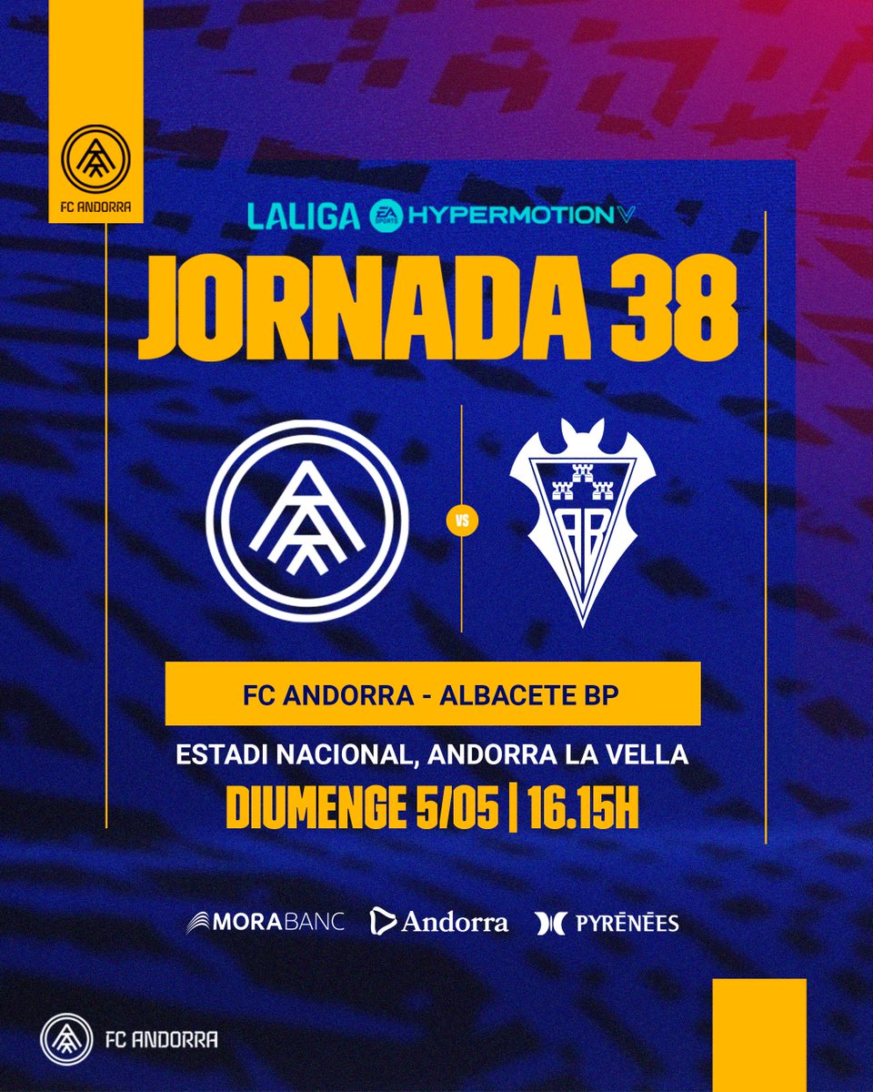 📢 𝐇𝐎𝐑𝐀𝐑𝐈𝐒! 🏡 Jornada 3⃣8⃣ 🆚 @AlbaceteBPSAD | #AndorraAlbaceteBP 🗓️ Dg. 05/5 🕤 16.15 h 📌 Estadi Nacional #SomTricolors 🔵🟡🔴