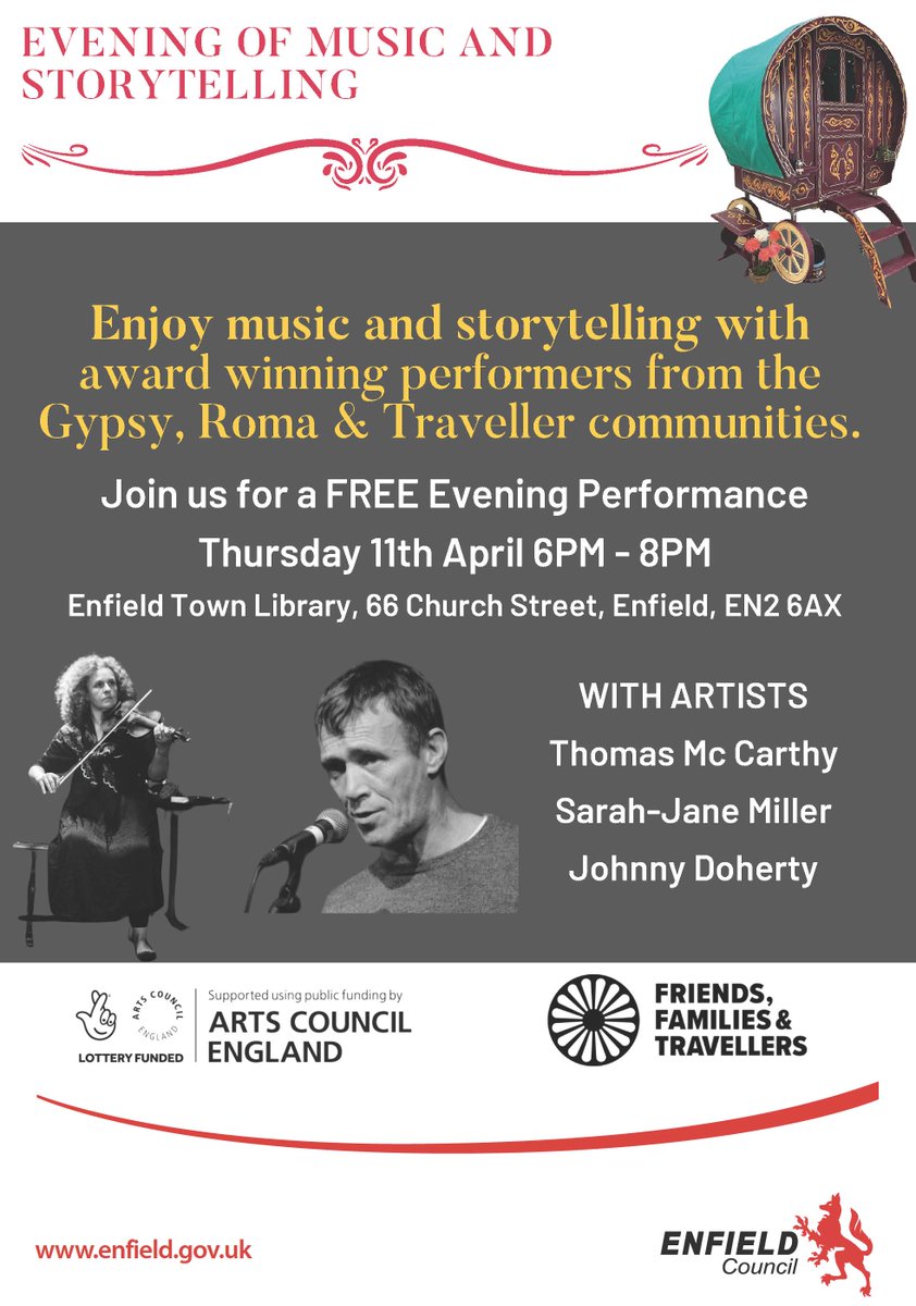 Join us at @enfieldlibrary for an evening of music and storytelling from award-winning Gypsy, Roma and Traveller perfomers tomorrow! 🎶 Details below 👇