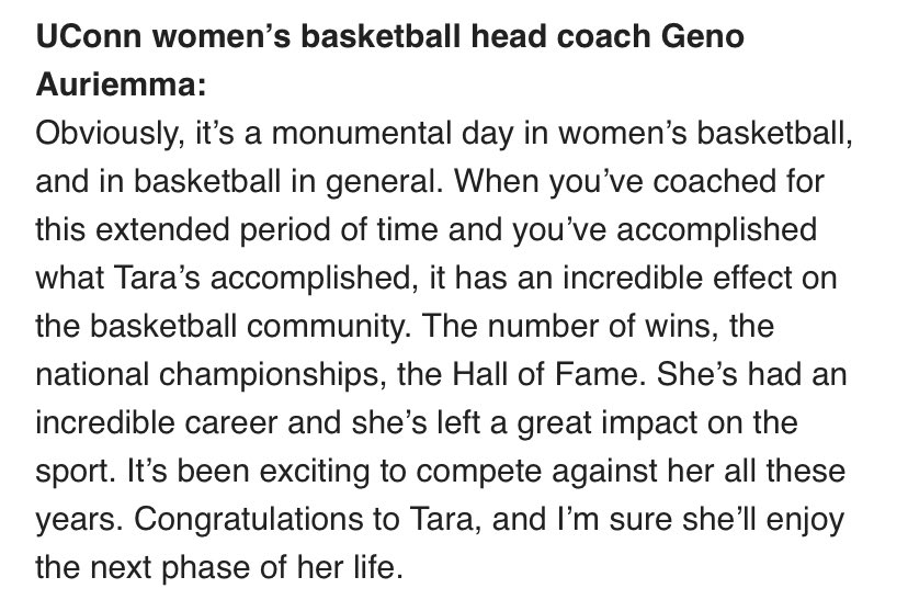 Statement from UConn women’s basketball’s Geno Auriemma on Tara VanDerveer’s retirement: