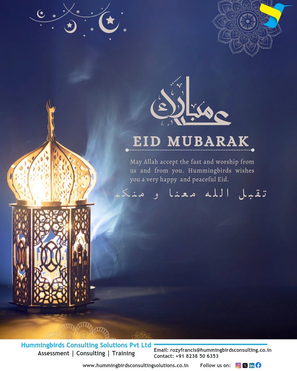 May this Eid al-Fitr bring us closer, strengthen our bonds, and renew our commitment to success. Wishing you and your families a joyous Eid filled with prosperity and blessings. Eid Mubarak from all of us at Hummingbirds Consulting Solutions Pvt Ltd. ✨🌙