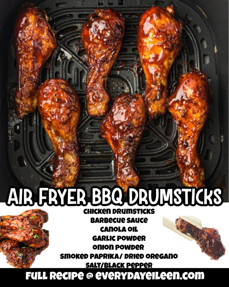 Air Fryer BBQ Chicken Legs, an easy recipe for delicious chicken drumsticks seasoned perfectly with a simple BBQ sauce. This recipe comes together quickly for tender and juicy drumsticks, every time. #airfryerbbqdrumsticks #airfryerchickenlegsbbq #recipe everydayeileen.com/air-fryer-bbq-…