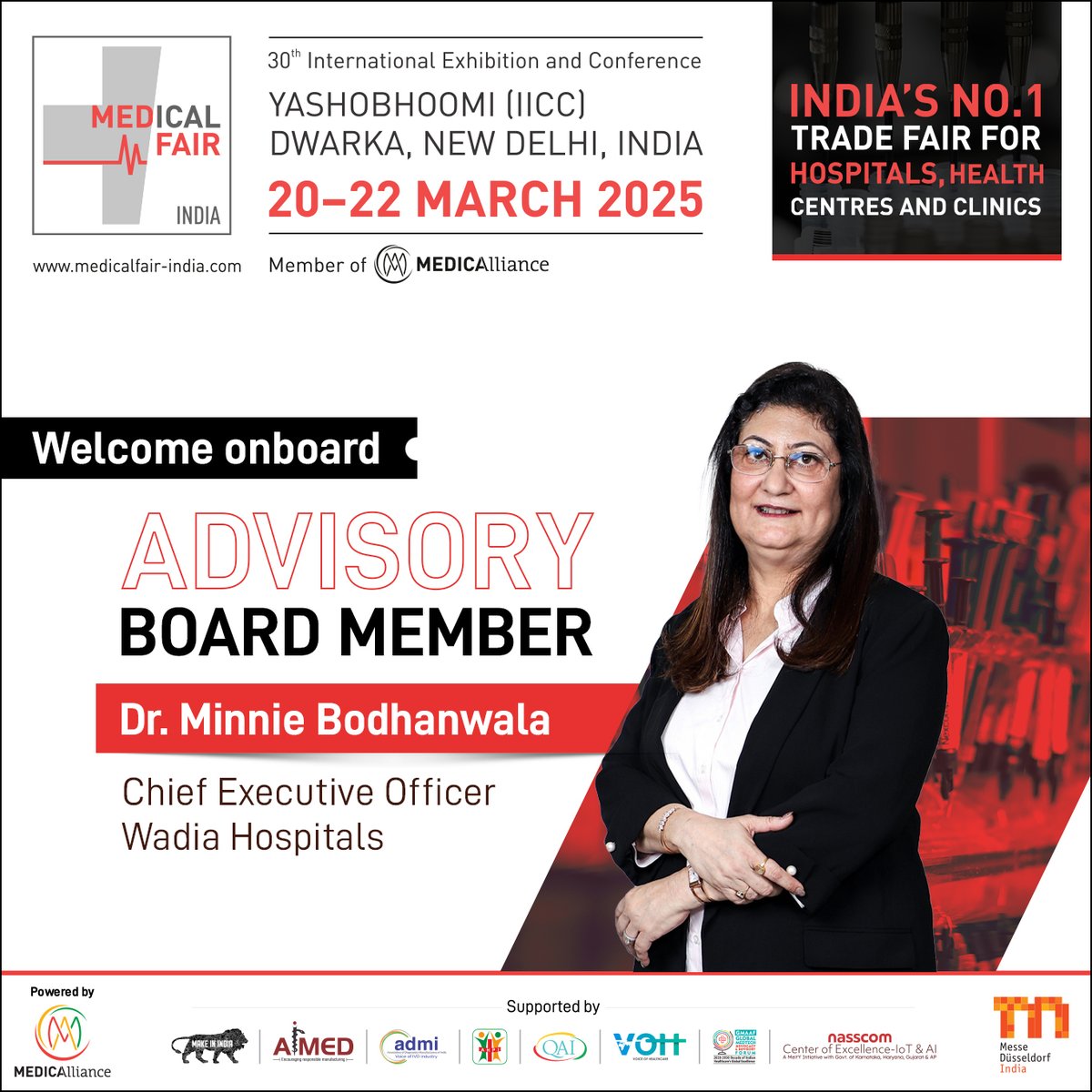 Welcome onboard!! We are delighted to welcome Dr Minnie Bodhanwala, CEO-Wadia Hospitals joining as Medical Fair India Advisory Committee member. The 30th edition of Medical Fair India is scheduled from 20th to 22nd March 2025 at Yashobhoomi (IICC), Dwarka, New Delhi.