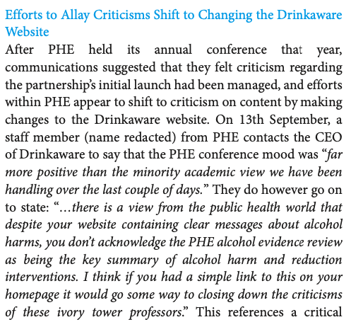 After the PHE conference post-launch, there are attempts by PHE to retroactively change the DrinkAware website to counter criticisms. This occurs in relation to the lack of information on policy best buys (a common feature of industry-funded alcohol information organisations)