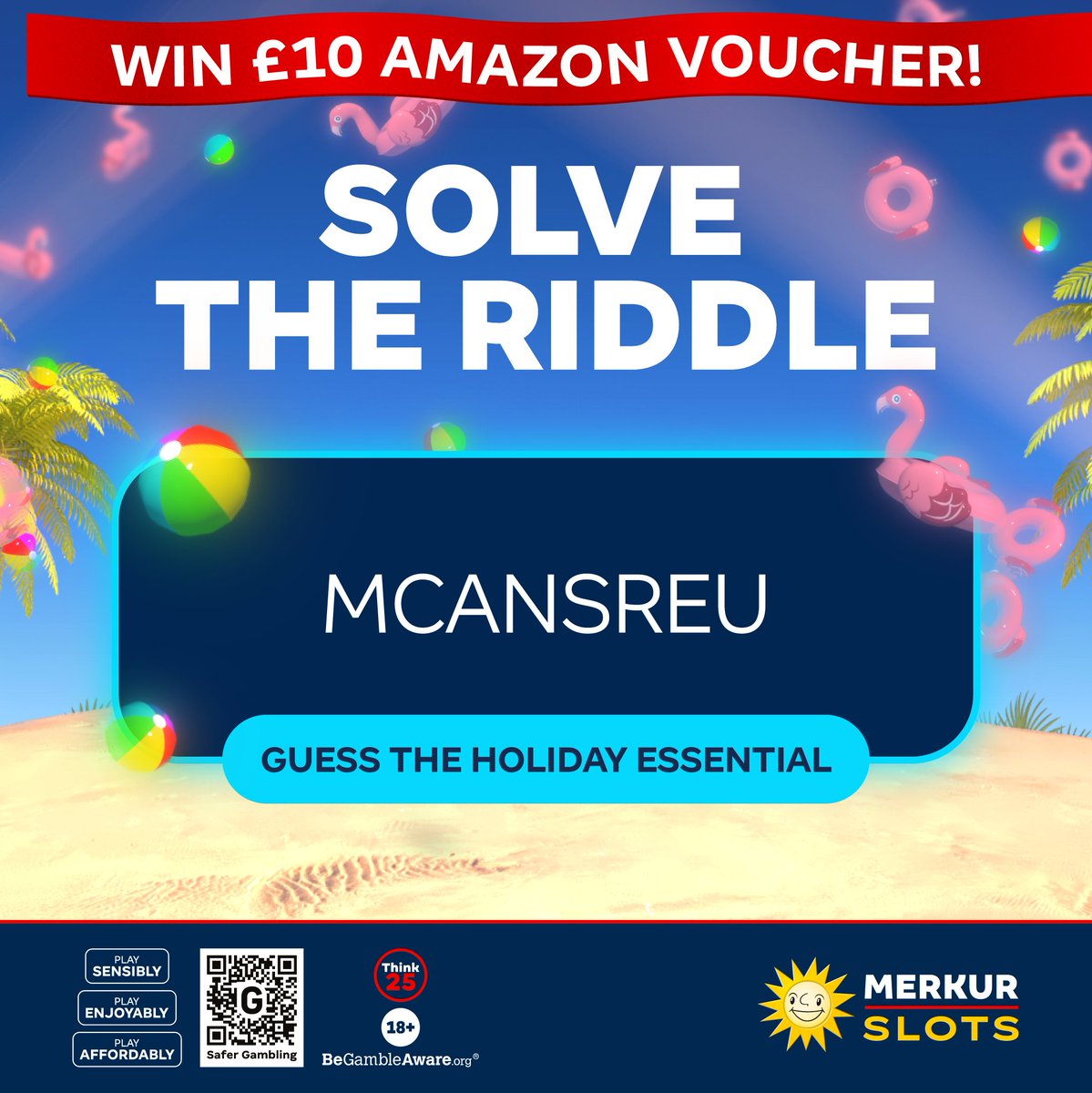 (18+, - BeGambleAware.org)
Can you decode this holiday essential? ✨ Solve the scramble and you could be bagging a £10 AMAZON VOUCHER! 😍🛍️
Drop your guess on our Facebook page! Entries close next Thursday. 

Full T&C's on Facebook.

#Competition #WinitWednesday