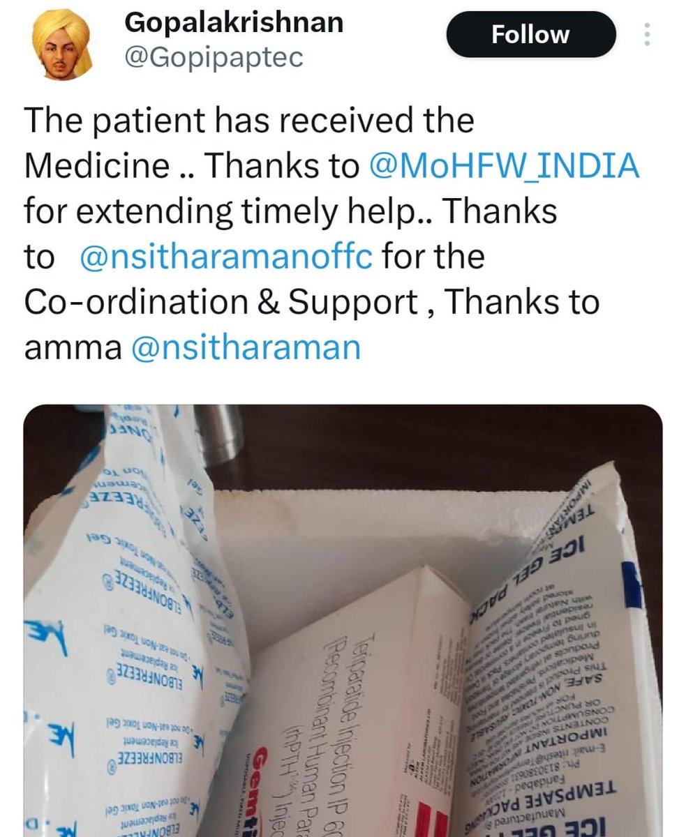 Modi Govt listens to everybody and cares for them.

A patient from Pudukottai tagged Finance Minister @nsitharaman on Twitter for tereparatide injection. Thanks to FM's intervention, he has received the medicine now.

Great work by the Finance Minister.
