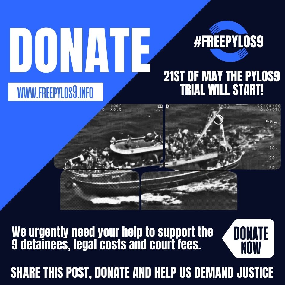 The ‘Pylos9’, survivors of the Pylos shipwreck of June 14, 2023, face trial on May 21, 2024, in Kalamata, Greece. Help us fight for justice and show your solidarity to the Pylos9! whydonate.com/en/fundraising… #freepylos9 #dropthecharges #safepassages