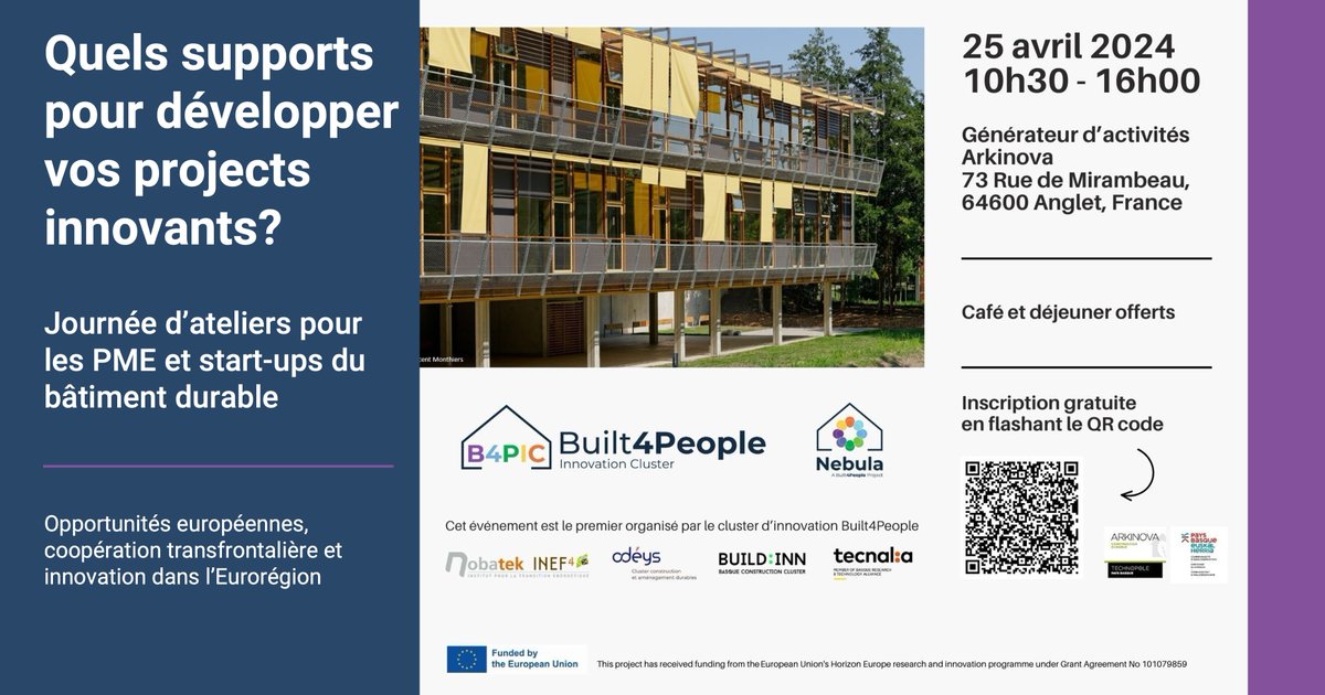 🌎Votre organisation s’intéresse à la transition environnementale du secteur du bâtiment ? Le projet #NebulaB4P organise un workshop #Built4People pour les PME et Start-ups du bâtiment le 25 April à Anglet en France. Inscrivez-vous ici: bit.ly/3vcMTV2