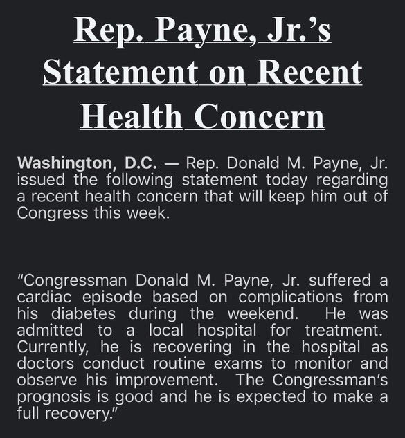 Tammy and I are keeping @RepDonaldPayne in our prayers and wish him a speedy recovery.