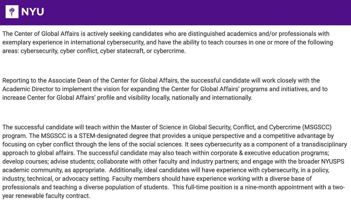 We are hiring @NYUCGA ! Looking for full time faculty member (open rank) at the intersection of cyber & the social sciences. Much of our work is connecting academic scholarship to practice so searching for someone who can ideally bridge that divide. apply.interfolio.com/143483