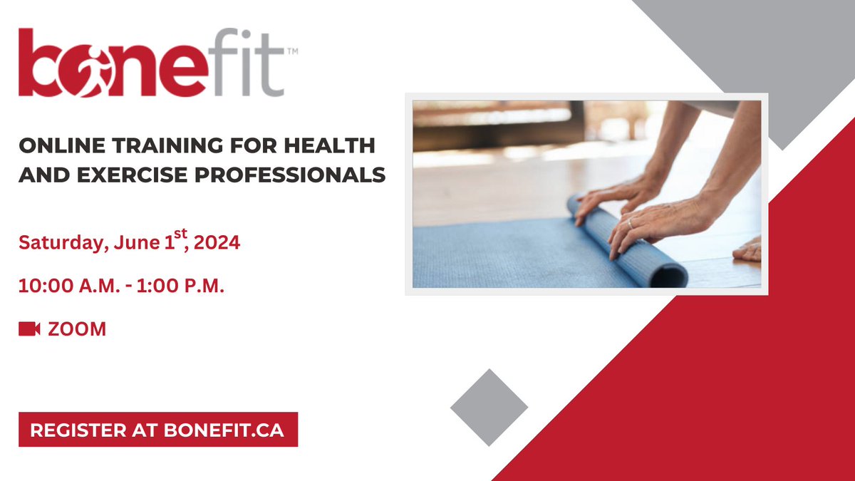 Registration for the next #Online #BoneFit training workshop for #HealthCare and #Exercise professionals is now open! Early Bird pricing available for a limited time! Register here: bit.ly/BFjune1