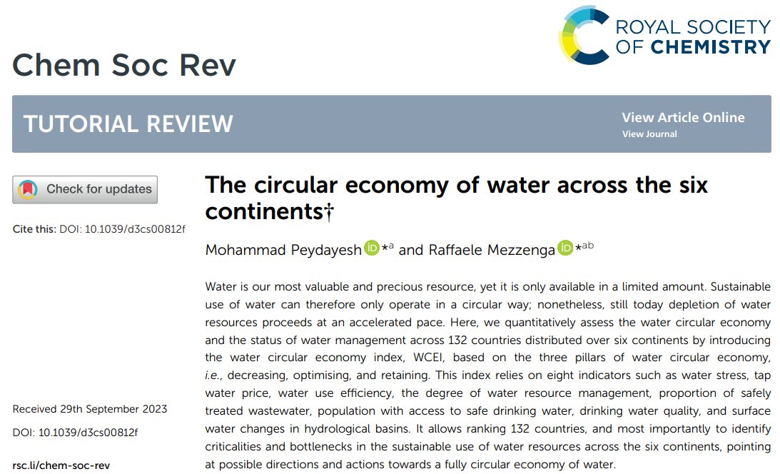 Excited to announce our latest @ChemSocRev paper (with @MezzengaRaf) on the Circular Economy of Water! 🌊💧 Introducing a new Index, we evaluated 132 countries on their water management practices. Curious to see how your country is doing? Check out here: pubs.rsc.org/en/content/art…