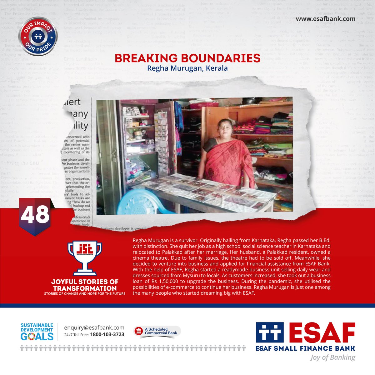 Here's another story from 'Joyful Stories of Transformation,' the inspiring anthology that showcases ESAF's remarkable impact on lives. Regha Murugan upgraded her readymade business unit and reaped profits thanks to the timely business loan from ESAF Bank. #ESAFBank #jst