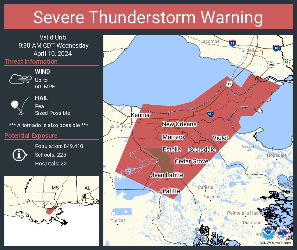 #SevereThunderstormWarning for #NewOrleans metro incl #Kenner,#Metairie,#Marrero,#Estelle,#BelleChasse,#Chalmette,#Lafitte,#Westwego,#NewOrleansEast,#gentilly,#FrenchQuarter!
#Wxtwitter #SPC #Wxx #Hail #Wind #Tornado #SevereThunderstorm #LAwx #Louisiana #NOLA #NOLAwx #TakeCover