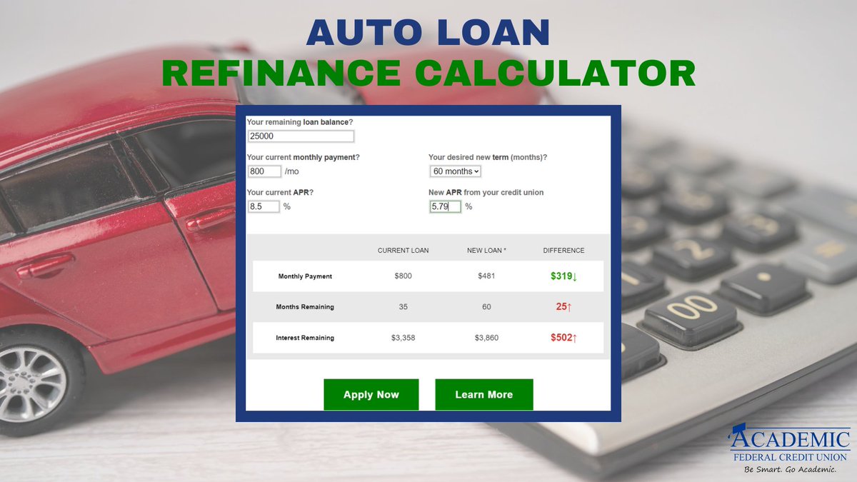 AcademicFCU's tweet photo. Did you know that you can save money on your existing auto loan? Go to the "Resources" tab on our Auto Buying Center website &amp; find out your savings with our refinance calculator. It's super easy to use &amp; will provide you with valuable information! https://t.co/DMg3X0jJzc 🚗 https://t.co/XDdlZNPOzT