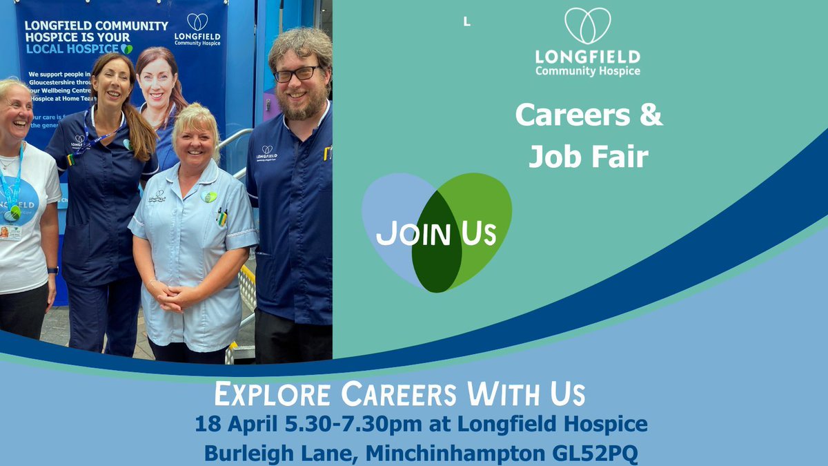 Ever wondered what it’s like to work at Longfield?Are you looking for a fulfilling and rewarding career that makes a real difference to people’s lives?No need to book just come along! Find out more 18 April 5.30pm #Jobs #Gloucestershire #Health #Hospice #Careers #JobFair