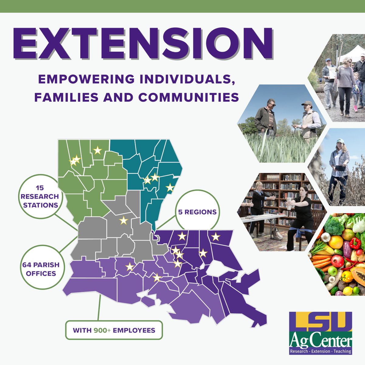 Our extension programs are improving lives in Louisiana. Last year, our in-person programs and events engaged with more than one million Louisiana residents, while our online resources reached an additional 42 million people. Learn more at lsuagcenter.com/extension.