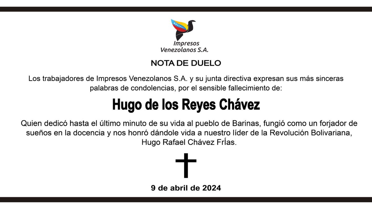 ◼️ Hoy expresamos nuestro pesar por el sensible fallecimiento de Hugo de los Reyes Chávez, padre de nuestro Comandante Eterno Hugo Chávez. ◼️ Paz a su alma. #DiplomaciaBolivarianaDePaz