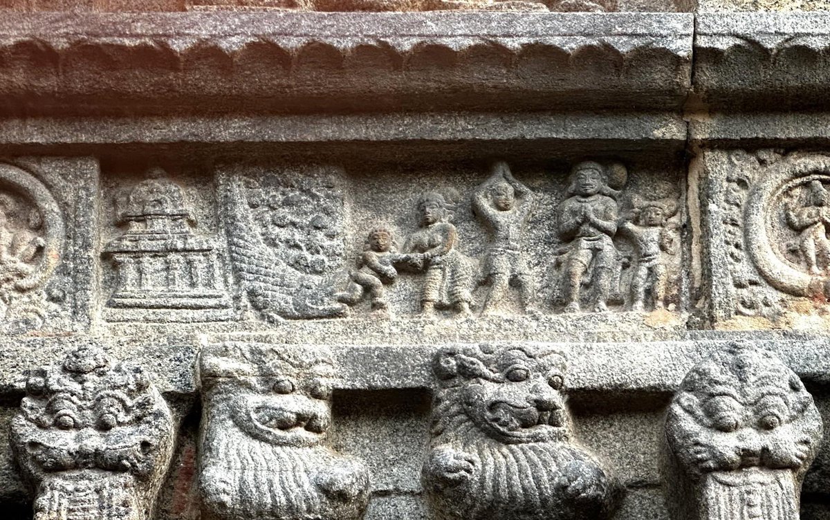 This carving is one among a series of miniature sculptures in the 12 century Airavateshwara temple in Darasuram, (a UNESCO World Heritage site) depicting a miracle by Sundaramurti Nayanar. He made a crocodile regurgitate a boy it had eaten, long after the incident happened.