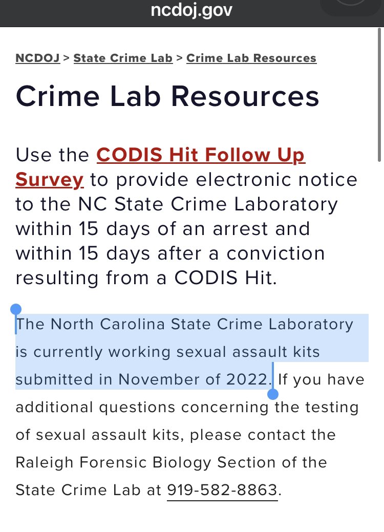 🚨 NC Attorney General Josh Stein said yesterday that the rape kit testing backlog is over. The website says the crime lab is “currently working” on kits submitted in Nov. 2022. I just took this screenshot. #publicrecords #NCpol
