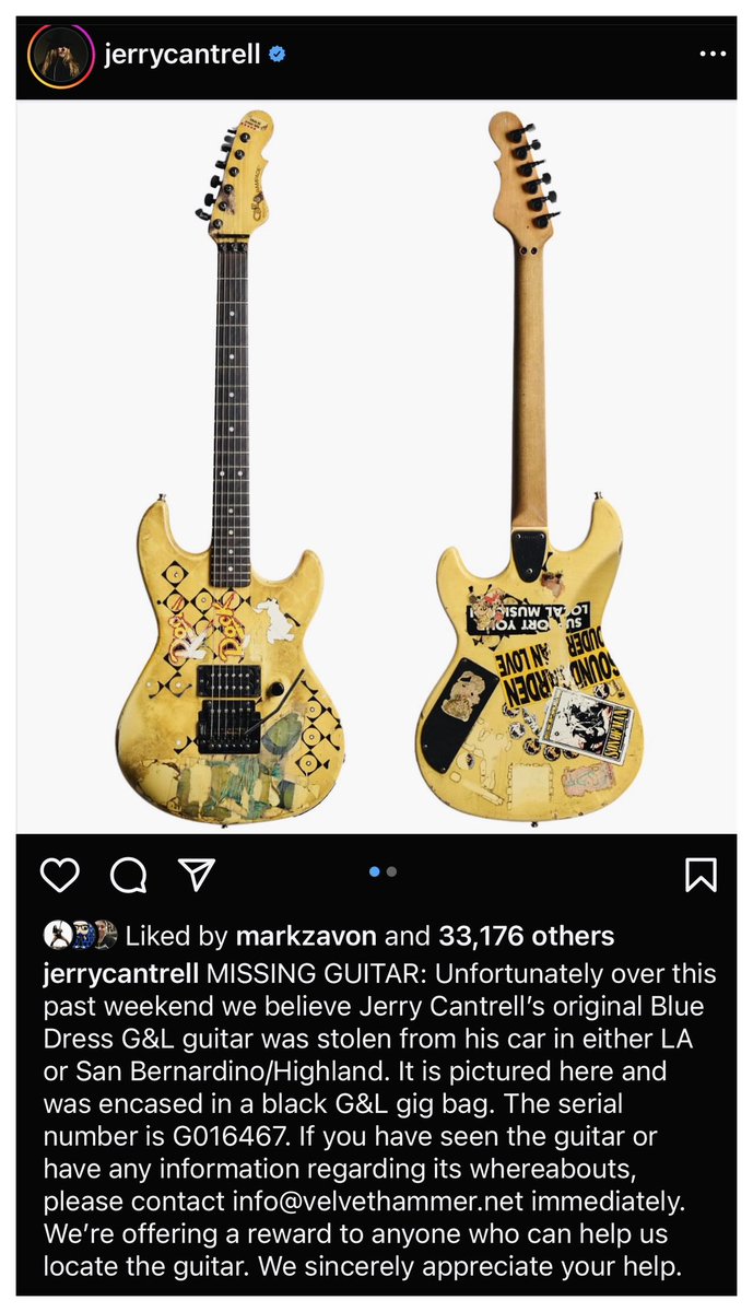 JERRY CANTRELL guitar STOLEN. Asks fans for help to get it back: “MISSING GUITAR: Unfortunately over this past weekend we believe Jerry Cantrell's original Blue Dress G&L guitar was stolen from his car in either LA or San Bernardino/Highland. It is pictured here and was encased…