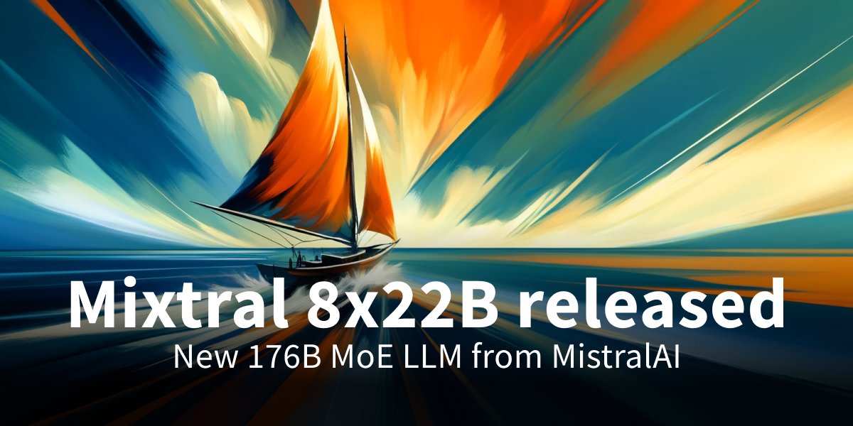 Philipp Schmid (@_philschmid) on Twitter photo New open model from <a href="/MistralAI/">Mistral AI</a>! 🧠 Yesterday night, Mistral released Mixtral 8x22B a 176B MoE via magnet link. 🔗🤯
What we know so far:
🧮 176B MoE with ~40B active
📜 context length of 65k tokens.
🪨 Base model can be fine-tuned
👀 ~260GB VRAM in fp16, 73GB in int4
📜 Apache New open model from <a href="/MistralAI/">Mistral AI</a>! 🧠 Yesterday night, Mistral released Mixtral 8x22B a 176B MoE via magnet link. 🔗🤯
What we know so far:
🧮 176B MoE with ~40B active
📜 context length of 65k tokens.
🪨 Base model can be fine-tuned
👀 ~260GB VRAM in fp16, 73GB in int4
📜 Apache