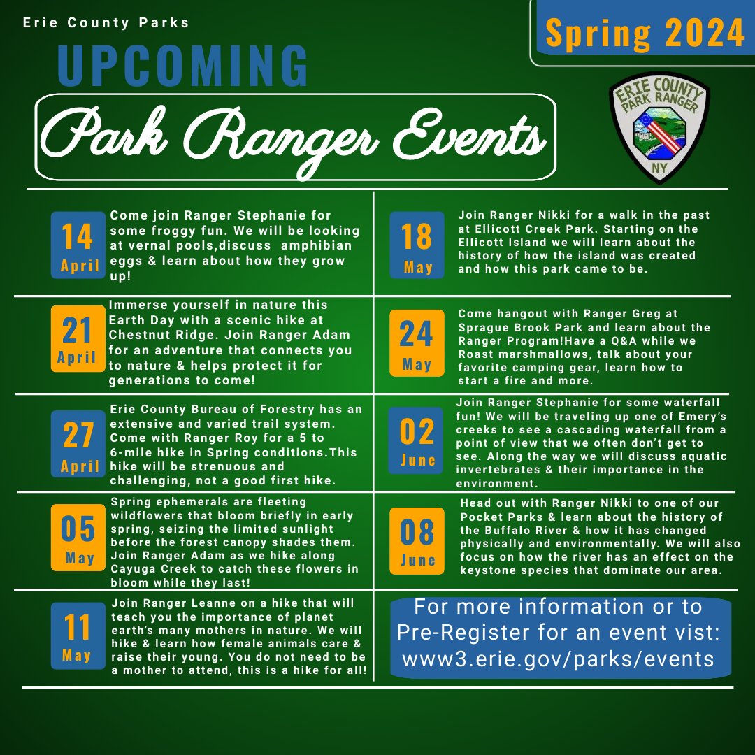 Spring is here and @ErieCountyParks is preparing to kick off our weekly Park Ranger led events! The first event is at Sprague Brook Park: 'Pre-Pollywog Journey: Amphibian Egg ID.' For pre-registration or more information please visit Parks' website at ow.ly/zCip50R4eYn