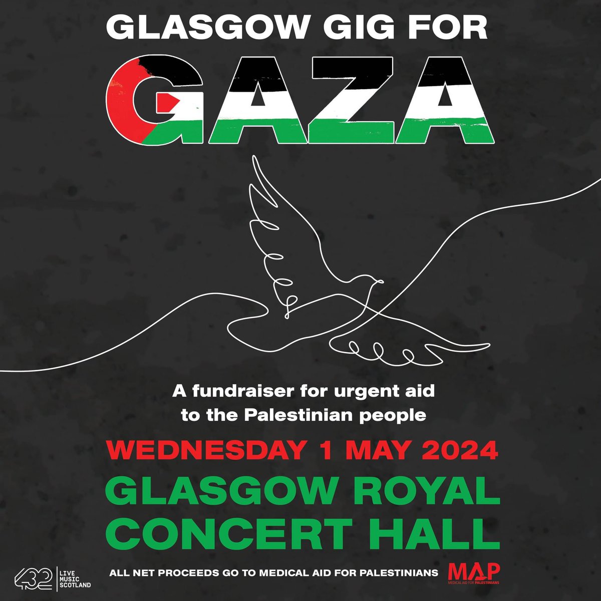 We'll be performing a set at the Glasgow Gig for Gaza, a fundraiser supporting the charity @MedicalAidPal at the Glasgow Royal Concert Hall on Wednesday 1st May. Tickets are on sale now here: tickets.glasgowlife.org.uk/33110/33111