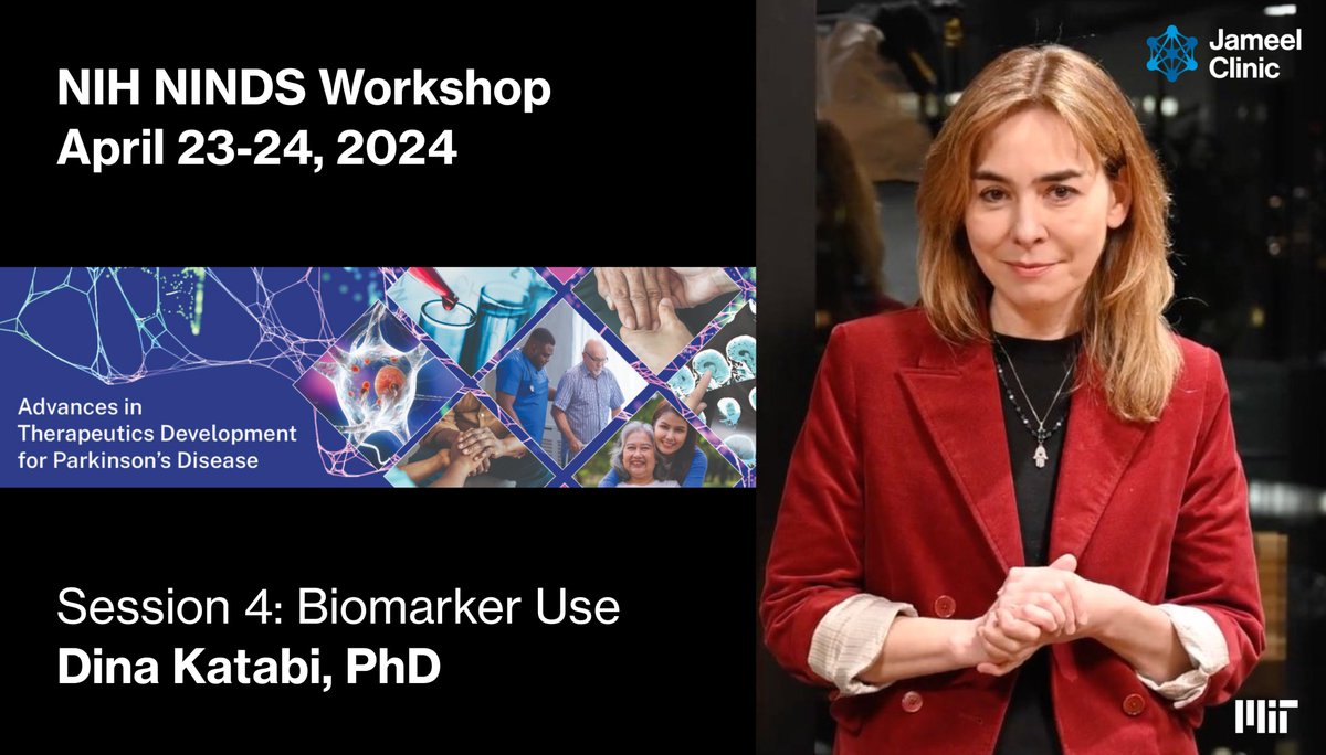 Mark your calendars! #JameelClinic PI @dina_katabi will be speaking at the @NIH_NINDS workshop 'Advances in Therapeutics Development for Parkinson's Disease' in session 4 at 2:40pm on 4/23 event.roseliassociates.com/pdtherapeutics/